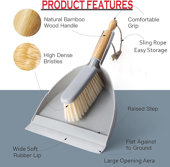 Dustpan and Brush Set -Small Broom Dustpan Set, Hand Broom and Dust Pan for Pet, Car, Dorm, Comping (Gray)
