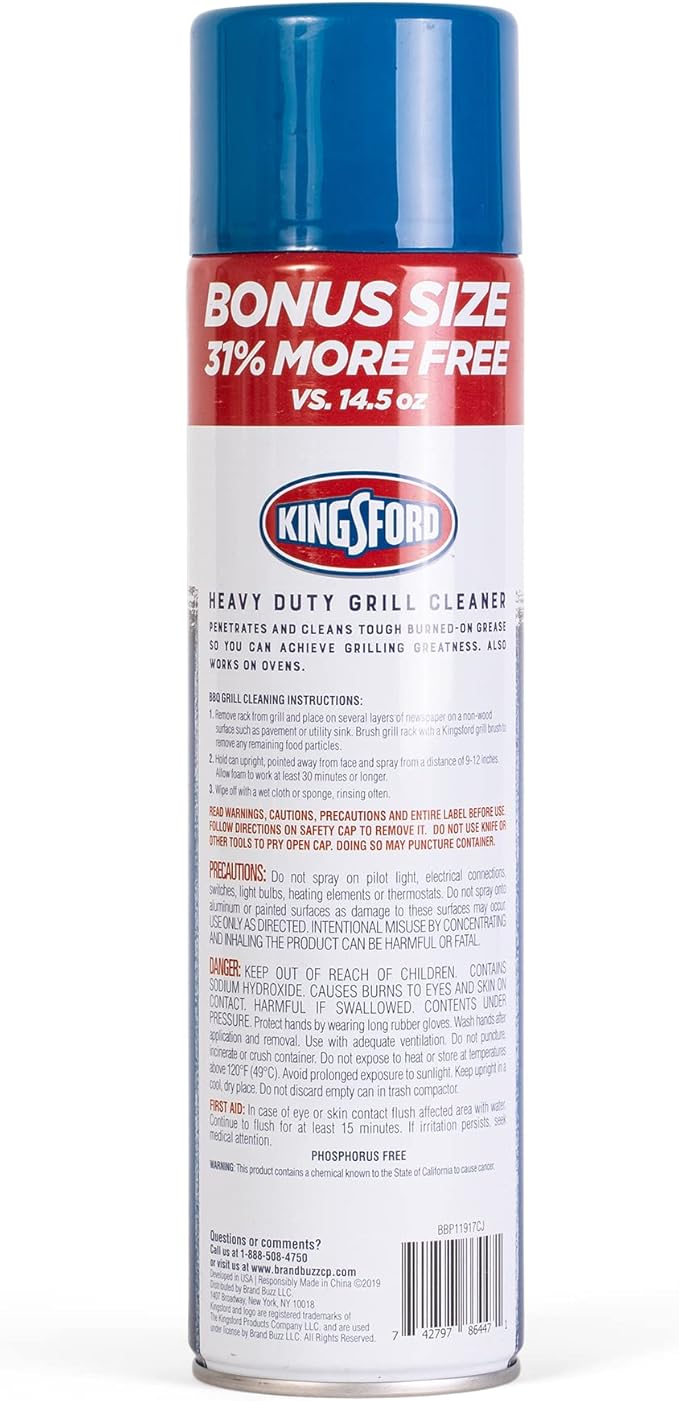 Kingsford Heavy Duty Foaming Grill Cleaner Spray, BBQ Degreaser for Charcoal & Gas Grills, Cuts Grease, Burnt-On Food & Grime, Easy Spray-On Foam for Grill Grates & Surfaces, Aerosol Can, 19 Oz