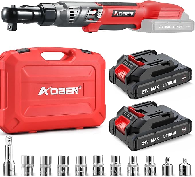 AOBEN 21V 1/2" Cordless Ratchet Wrench Kit-74 Ft-lbs Brushless Electric Power Ratchet with Variable Speed, 2X2000mAh Lithium-Ion Battery, Charger, 8 Sockets, 1/4" & 3/8" Adaptors, 3" Extension Bar