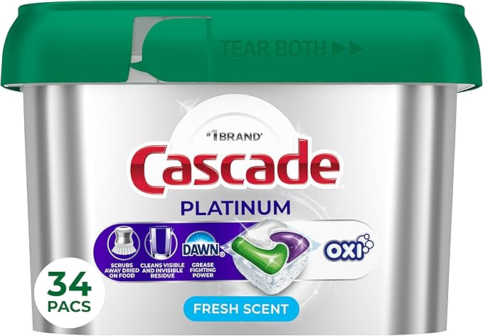 Cascade Platinum + Oxi Dishwasher Pods, Dishwasher Detergent, Dish Detergent Soap, Fresh, 34 Count