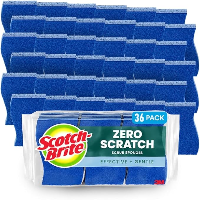 Scotch-Brite Zero Scratch Non-Scratch Scrub Sponges, Sponges for Cleaning Kitchen, Bathroom, and Household, non-scratch Sponges Safe for Non-Stick Cookware, 36 Scrubbing Sponges