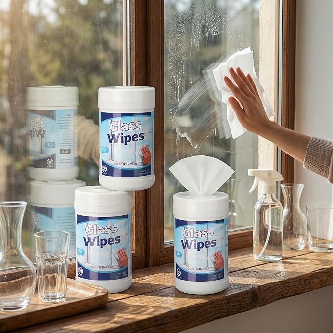 Nuanchu 3 Pack Glass Cleaning Wipes 180 Count Pre-moistened Glass and Original Ammonia-free Formula Surface Wipes for Mirrors, Windows, Kitchen, Home