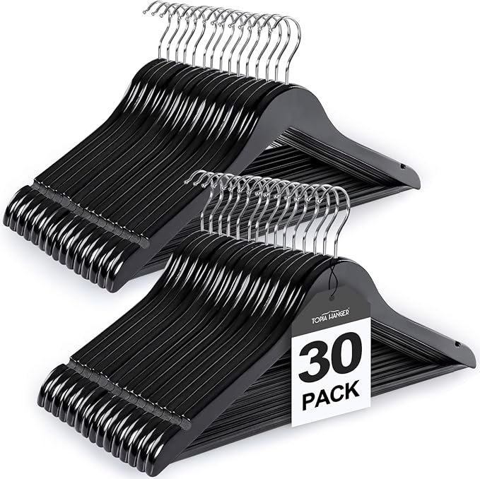 TOPIA HANGER Wooden Coat Hangers 30 Pack, Black Wood Suit Hangers with Non Slip Pants Bar, 360° Swivel Hook and Shoulder Notches for Camisole, Jacket, Pants, Smooth Finish Clothes Hangers -CT34B30