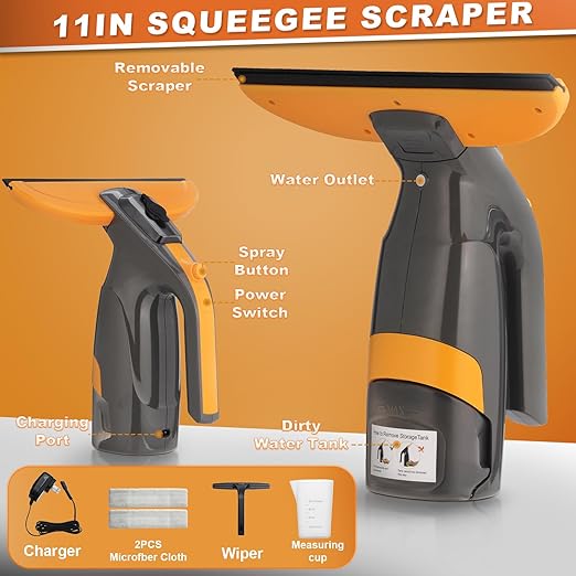 3-in-1 Window Vacuum Squeegee Cordless, Electric Window Squeegee Window Cleaner with Spray & Suction, Handheld Window Cleaning Tool, for Windows, Mirror, Glass, Car Windshield, Countertop, Tiles