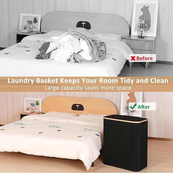 iEGrow 150L Laundry Basket with Lid,Large Laundry Hamper with Bamboo Handles, Hampers for Laundry, Dirty Clothes Hamper with 2 Removable Inner Bags for Clothes Toys Towels,Black