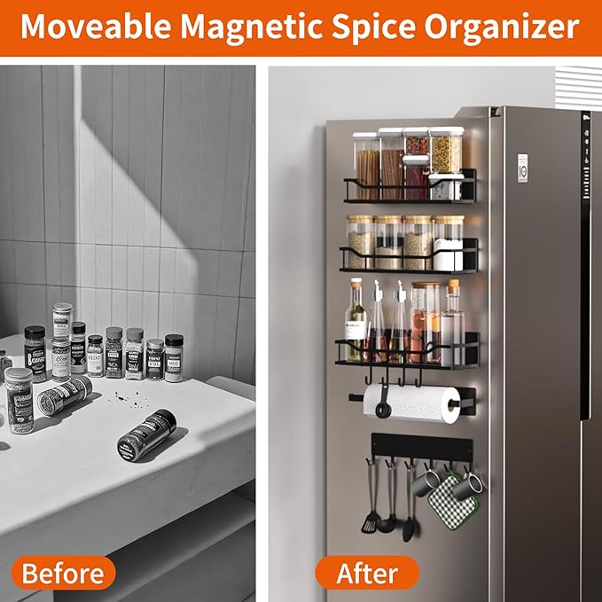 Magnetic Spice Rack,Multifunctional Magnetic Shelf for Washing Machine,Refrigerator,Microwave,and Any Metal Surface,Powerful Magnetic Shelves Include Magnetic Paper Towel Holder (5 pcs - Black)