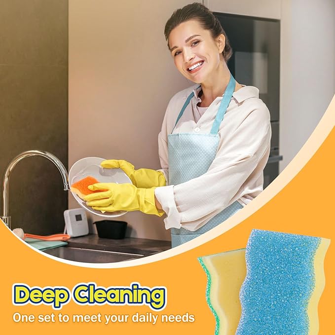 Scrub Sponge, 4 Pack Dual-Sided Temperature-Responsive Scrubber - Non-Scratch - Multipurpose Dish Sponges for Kitchens, Bathrooms, and Outdoor Use - Wave-Shaped