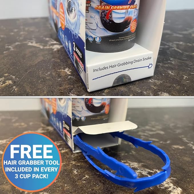 Drain Opener Cups | Hair Clog Remover | Drain Cleaner For Toilets, Sinks, Tubs - Septic Safe | 3 Uses + Hair Snake