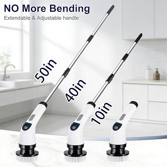 Electric Spin Scrubber for Cleaning, Adjustable Shower Brush with 7 Replaceable Heads & Power LED Display, 2 Speed Waterproof Cordless Shower Scrubber for Bathtub, Kitchen, Car, White