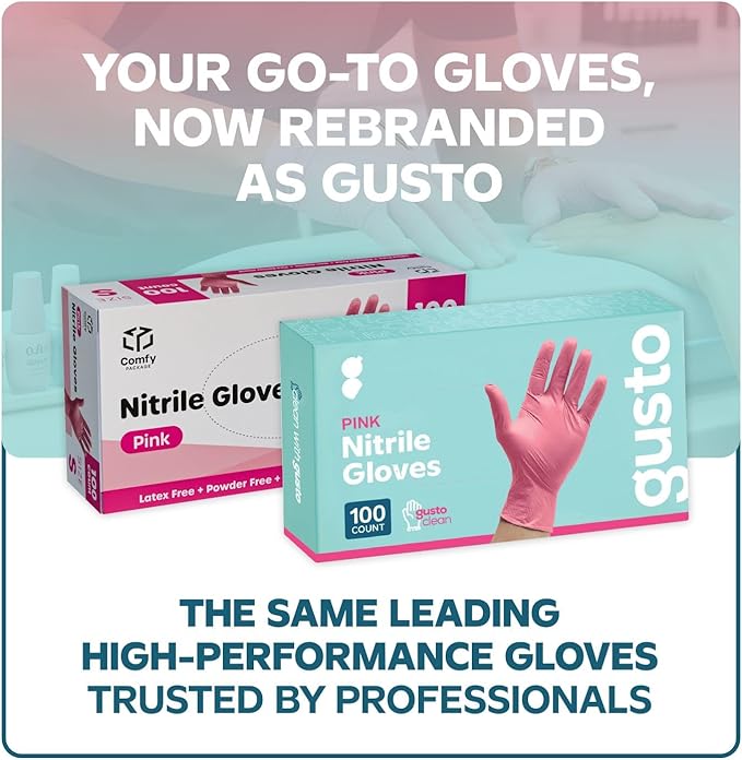 GUSTO Pink Nitrile Disposable Gloves - Latex & Rubber Free, Non-Sterile Powder Free Gloves (Formerly Comfy Package)