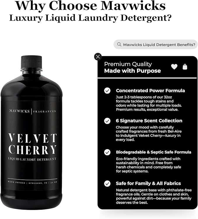 Laundry Liquid Detergent (Velvet Cherry) - 32 Oz Laundry Perfume Bottle for Men & Women, Stain & Odor Remover, Deep Clean, Long-Lasting Fragrance and Freshness for All Fabrics