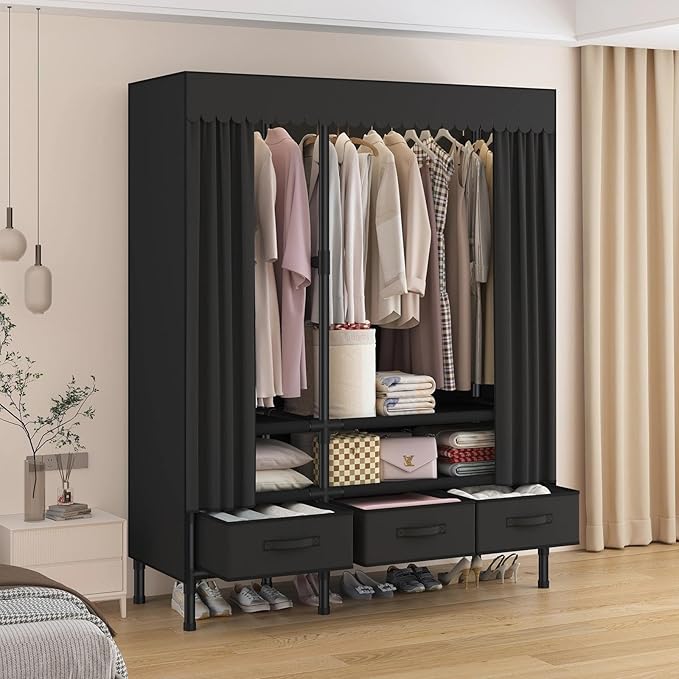 Portable Closet,Garment Rack,Heavy Duty Clothes Rack with Cover,Wardrobe Closet with 1 Hanging Rods, 2 Storage Shelves and 3 Drawers,43.3" L x 17.7" W x 67.7" H,Black