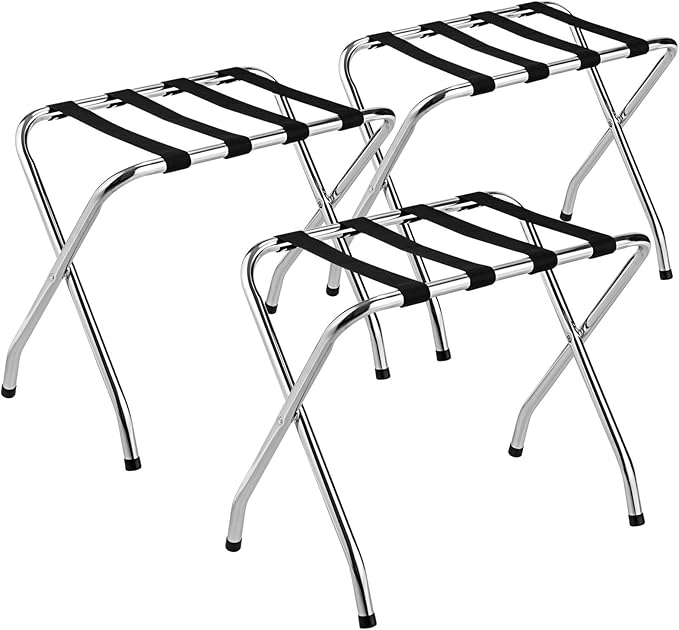 Tangkula Chrome Luggage Rack for Guest Room, No Assembly Required, Folding Metal Suitcase Stand with Nylon Belts, for Home Bedroom Guest Room Hotel, Luggage Rack, Silver (3)