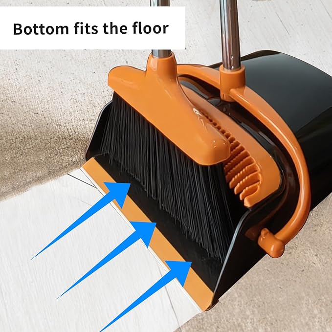 Broom and Dustpan Set for Home Long Handle (51" Length) Extendable Standing Dust Pan for Indoor Lobby Office Kitchen Cleaning (Black and Orange)