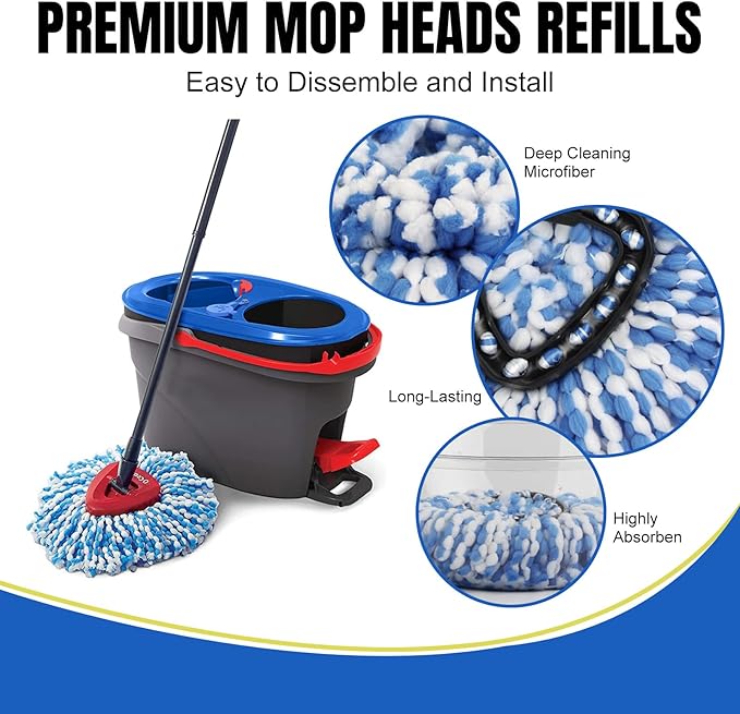 12 Pcs Spin Mop Replacement Heads, 360° Easy Wring Spin Mop 100% Microfiber Refill, Easy Cleaning Spin Mop Heads, 2 Tank System Replace Head for Easy House Cleaning Floor Mopping, Blue&White