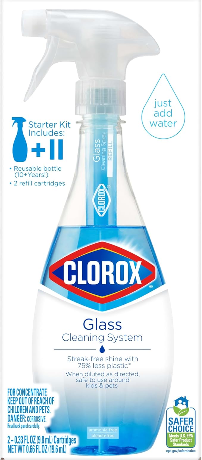 Clorox Glass Cleaner Cleaning Kit, 1 Reusable Bottle Plus 2 Refill Cartridges, Multi-Surface Cleaner, Home Cleaning Kit, 3 Piece Set