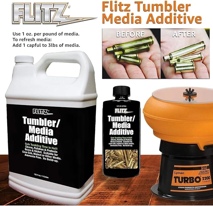 FLITZ Tumbler Media Additive - 1 Gallon Bottle of USA-Made Brass Cleaner Reloading Liquid for Ammo, Copper, & All Metals - Ammonia-Free Tumbling Polish to Remove Oxidation, Powder Residue (1 Pack)