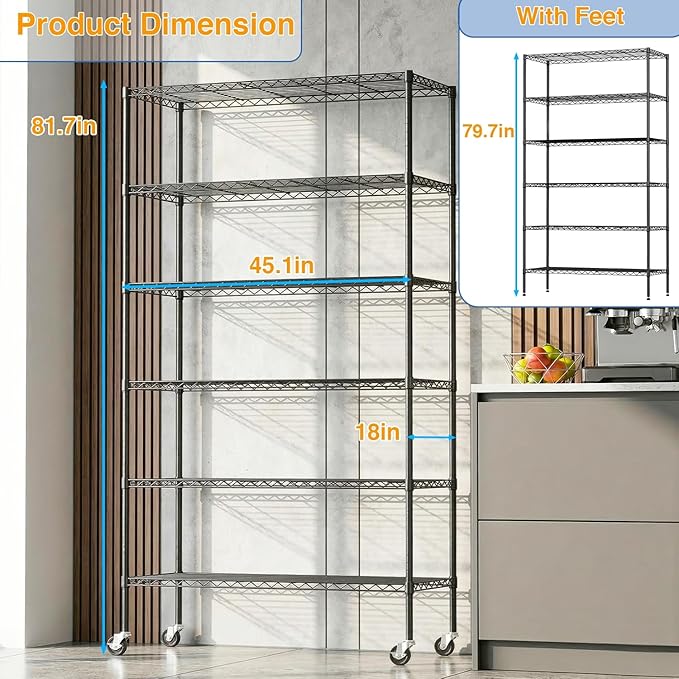 Storage Shelves 2100Lbs Capacity, 6-Shelf on Casters 45" L×18" W×82" H Commercial Wire Shelving Unit Adjustable Layer Metal Rack Strong Steel for Restaurant Garage Pantry Kitchen,Black