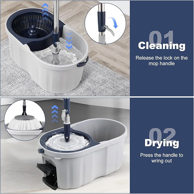 Spin Mop and Bucket System with180-Degree Rotating Head Telescopic Handle Dual Chamber Bucket Floor Cleaning Set with 3 Mop Refills Dual-Function Wringing Hand-Press and Foot-Pedal
