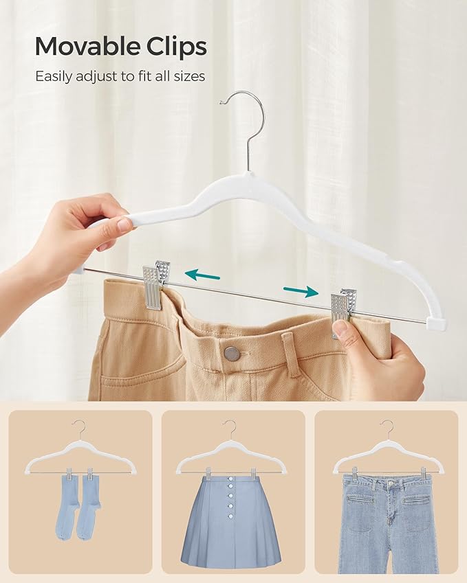 SONGMICS 20 Pack Pants Hangers, 16.7 Inches Long Velvet Trousers Hangers with Adjustable Clips, Heavy-Duty, Non-Slip, Space-Saving for Pants, Skirts, Coats, Dresses, Tank Tops, White UCRF012W20