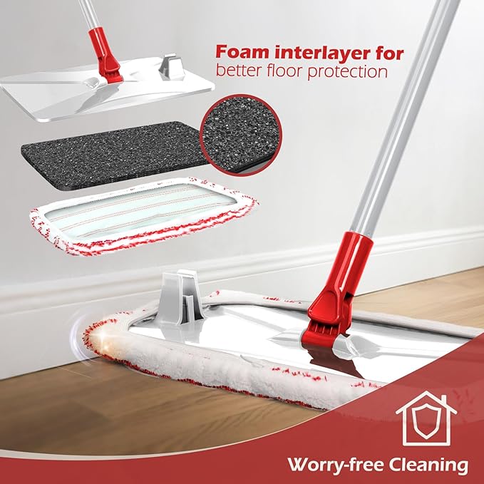 Masthome Extra Large Microfiber Mop for Floor Cleaning, 16“ Flat Mop with 5 Pad for Wet & Dry Use, Dust Mop for Hardwood Laminate Tile Ceramic, 1 Cleaning Scraper Included-Red