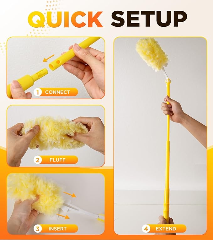 Heavy Duty Duster Refill Kit for Swiffer Duster with 3 ft Extension Pole & 20 Count Refills, 4X Microfibers Multisurface Dusters for Cleaning Home, Celling Fan, Blinds, Vent & Shelves