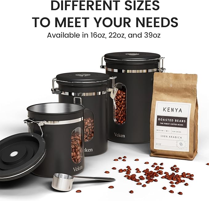 Veken Coffee Canister with Window, Airtight Stainless Steel Kitchen Food Storage Container with Lids, Date Tracker and Scoop for Grounds Coffee, Beans, Tea, Flour, Cereal, Sugar Jars, 16OZ, Black