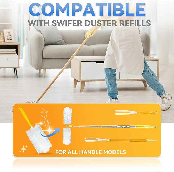 60 Pack Dusters Refills Compatible with Swiffer Duster Handle Models, 180° One Sided Duster Refills for Short and Extendable Handles, with 1 Pack Extendable Handle + 1 Short Handle