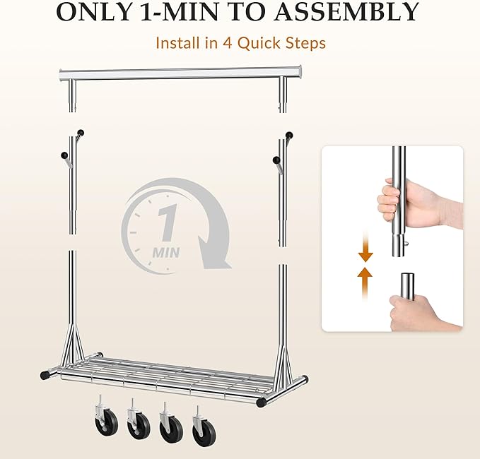Gewudraw Heavy Duty Clothes Rack Load 630 lbs, Metal Rolling Clothing Rack With Sturdy Wheel And Shelves, Adjustable Portable Hanging Garment Rack For Clothes,Chrome Stainless Steel