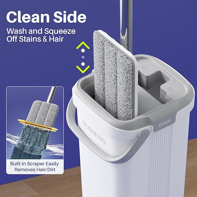 Mop and Bucket Set, Flat Mops for Floor Cleaning, Wall Mop with 60" Extensible Handle, Hardwood Floor Mop with 2 Microfiber Pads
