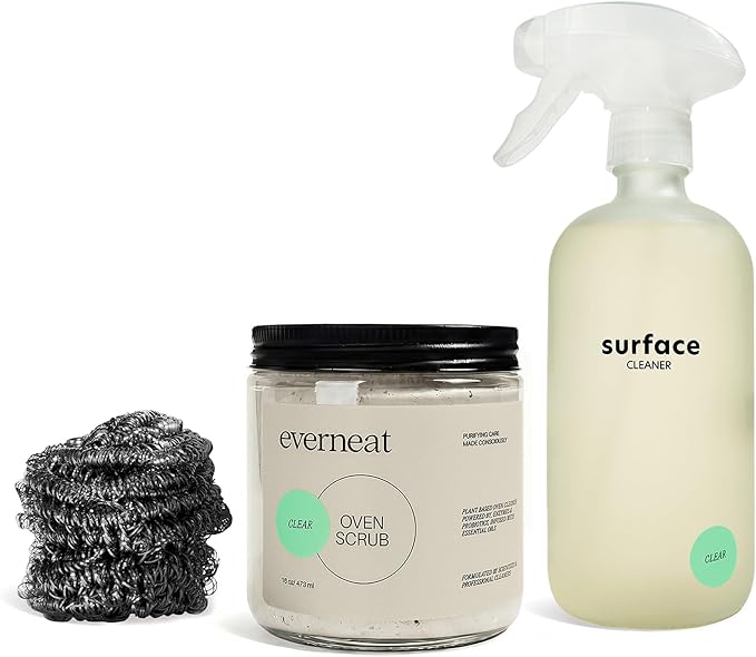 Everneat Oven Cleaning Kit: Natural Oven Cleaner and Kitchen Cleaner | Heavy Duty | Grill, Stovetop, Rack | Fume-free | Non-toxic | Safe to Clean All Ovens (Unscented) | Refillable Glass Jar & Bottle