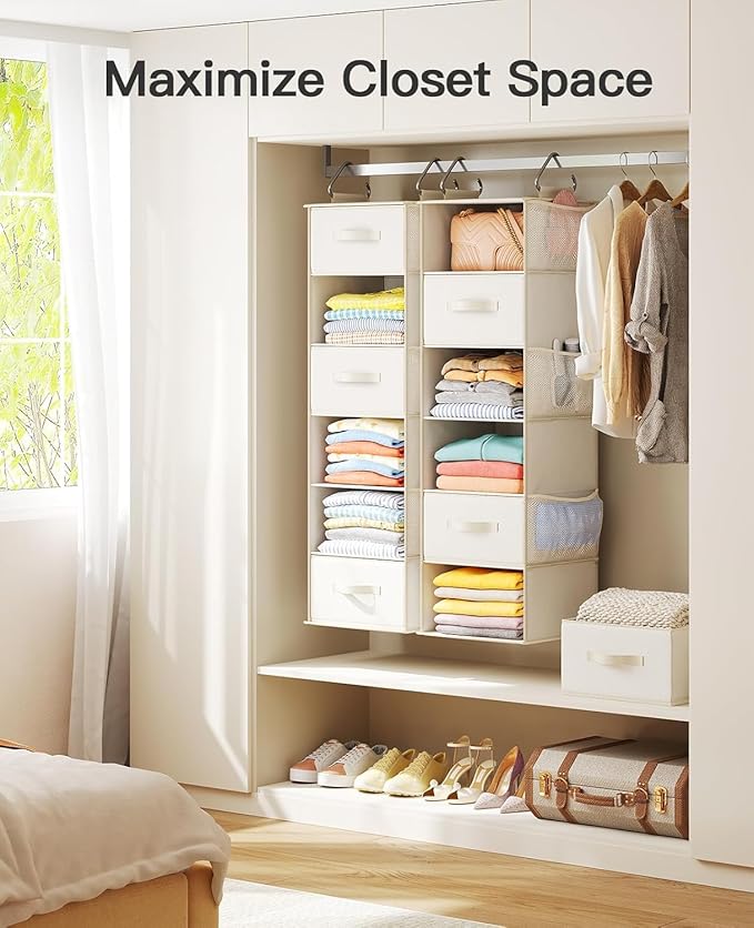 Pipishell Hanging Closet Organizer 6-Shelf, Hanging Shelves for Closet with 3 Removable Drawers & Side Pockets for Bedroom, Garment Rack and Wardrobe Organization, 12' x 12' x 43.3', White