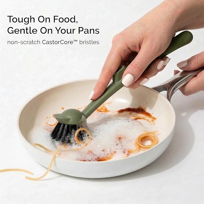 Earth & Mango Magnetic Dish Brush & Scraper, Snaps to Sink, Non-Scratch, Dishwasher Safe, Dish Scrubber – Moss Green