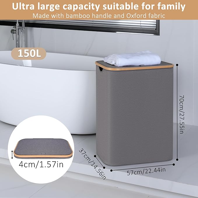 iEGrow 150L Laundry Hamper with Lid-Large Laundry Basket with Bamboo Handles, Grey Hampers for Laundry, Dirty Clothes Hamper with 2 Removable Inner Bags for Clothes Toys Towels