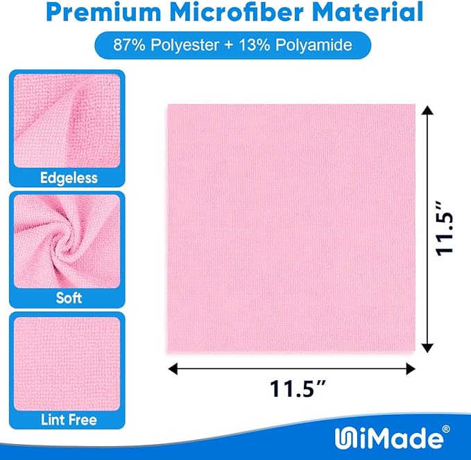 Microfiber Cleaning Cloth, 10 Pack Reusable Microfiber Towels for Cars Lint Free Cleaning Shop Towel Rags for Home Kitchen Automotive Bar Mechanic Restaurant Garage, 11.5"x 11.5", Pink