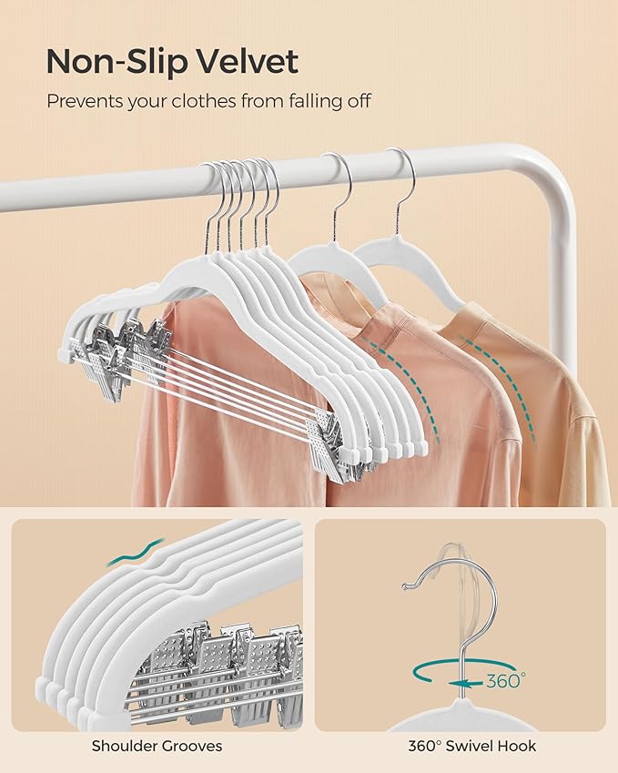 SONGMICS 20 Pack Pants Hangers, 16.7 Inches Long Velvet Trousers Hangers with Adjustable Clips, Heavy-Duty, Non-Slip, Space-Saving for Pants, Skirts, Coats, Dresses, Tank Tops, White UCRF012W20