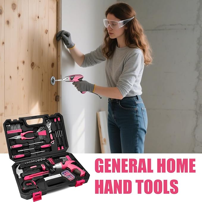 Pink 151PCS Tool Kit with 3.6V USB Electric Screwdriver, Cordless Drill Set, Home Tool Set for Women
