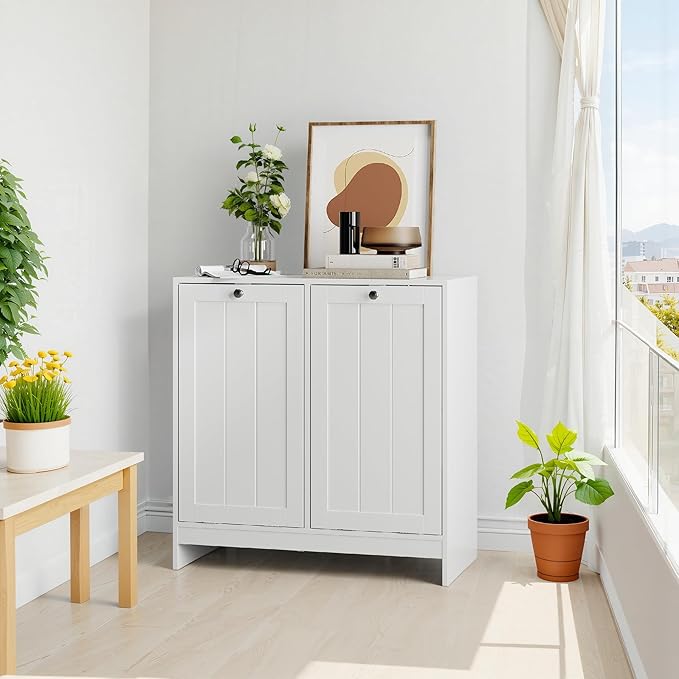 Tilted Laundry Hamper with Removable Baskets Hidden Storage Cabinet Free-Standing Organizer for Bathroom Bedroom White