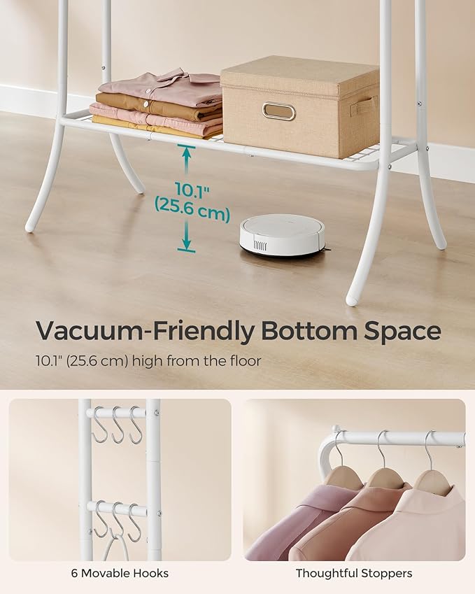SONGMICS Clothes Rack,Clothing Rack with Shelves,Garment Racks Heavy Duty,Double Rod Clothes Rack with 6 Hooks, Clothes Storage and Display,for Living Room,Bedroom, Cloud White UHSR109W01