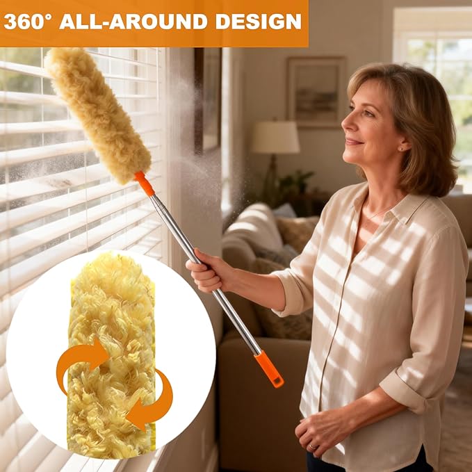 100 Inch Extended Handle Duster Heavy Duty Dusting 360° Duster Refills Kit, Microfibers Multi-Surface Dusters. Efficient Duster Kit for Cleaning Pet Hair, Home, Office, Blinds, Furniture (Orange)