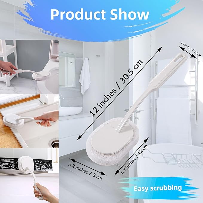 Long Handle Sponge Scrub Bathroom Brush, Sponge Cleaning Brush with Handle Large Wall Scrubber Shower Long Handles Brush for Tableware, Kitchen, Toilet, Bathroom Cleaning Tools Accessories White