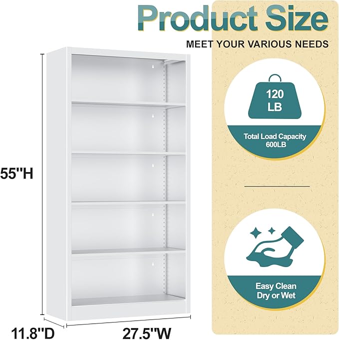 Heavy-Duty Steel Open Storage Cabinet with Adjustable Shelves, 5-Tier Shelving Unit, Easy Assembly Freestanding Organizer for Pantry,Office, Living Room,Bookshelf(White, 5 Tier-55"H x 27.6"W x 11.8"D)