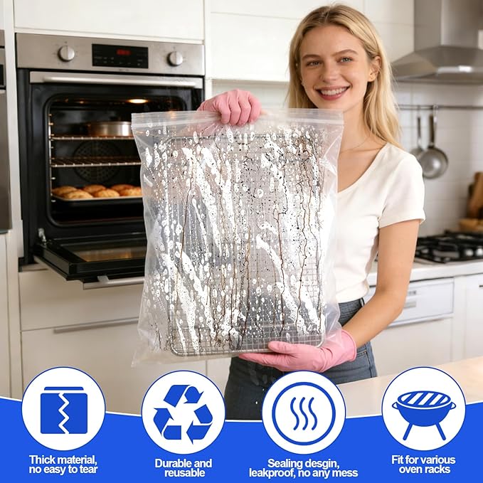 Juome Oven Rack Cleaning Bags, 5 Pack Reusable No Scrub Oven Rack Cleaning Bags Kit with 6 Gloves & 1 Brush, Leak Proof PE Bags (23.6*35.4inch & 31.5*39.4inch) for Deep Soaking BBQ Racks, Grill Grates
