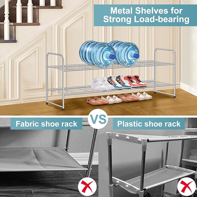 AOODA 2 Tier Long Metal Shoe Rack for Closet Wide Stackable Shoe Storage Organizer 18-Pairs Low Small Sneaker Rack for Entryway, Bedroom, Garage, Grey