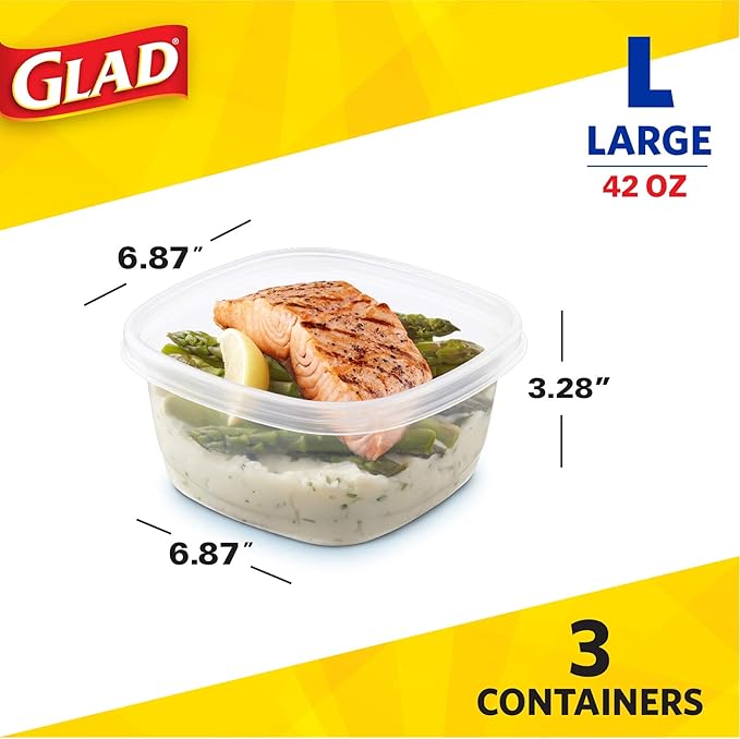 Glad GladWare Tall Entree Food Storage Containers with Lids, Large Square No BPA Plastic for Meal Prep and Lunches, Lock Tight Seal, Microwave and Dishwasher Safe, 42 Oz, 3 Count