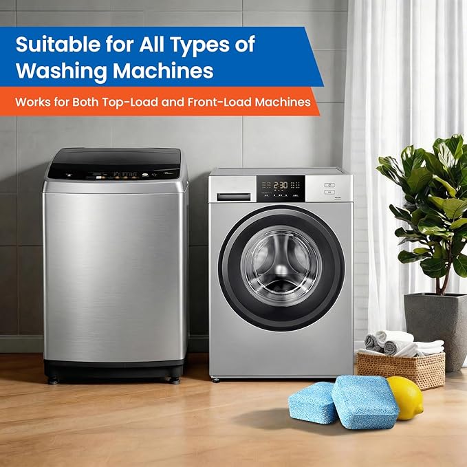 Washing Machine Cleaner tablets, 30 Count - 15 Month Supply, Deep Cleaning Deodorizer for HE Front & Top Loader Laundry Washer, Cleans Inside Drum Pump Valve Hoses, Septic Safe, Lemon Secent