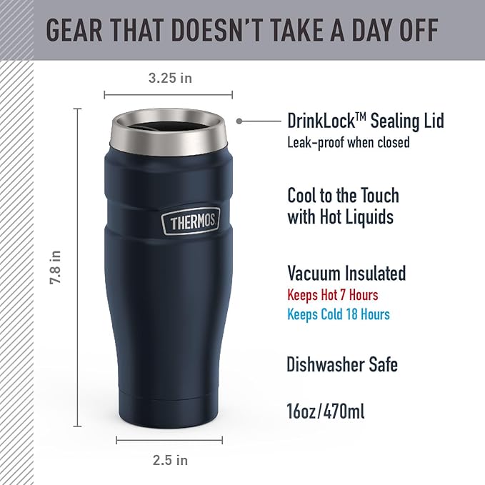 THERMOS Stainless King Vacuum-Insulated Stainless Steel Tumbler - 16oz, Midnight Blue - Insulated Coffee Tumbler for Hot & Cold Drinks - Leak-Proof & Sweat-Proof for Commuting & Traveling