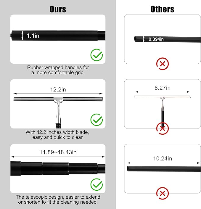2 in 1 Window Squeegee, Shower Squeegee Window Cleaning Kit with Extension Pole Long Handle Squeegee for Shower Glass Floor Bathroom Home Outdoor, 12 inch Wide, Black