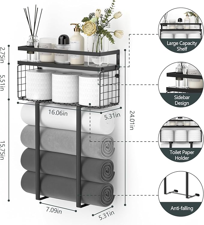 Xstydes Towel Racks for Bathroom, Metal Towel Holder with Storage Basket,Wall Towel Rack for Rolled Towels, Towel Storage for Small Bathroom,Black