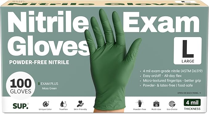SUP Disposable Nitrile Gloves, Powder-Free Latex-Free Food Safe Cooking Home Cleaning Non-Sterile Glove, Moss Green, 100 Ct